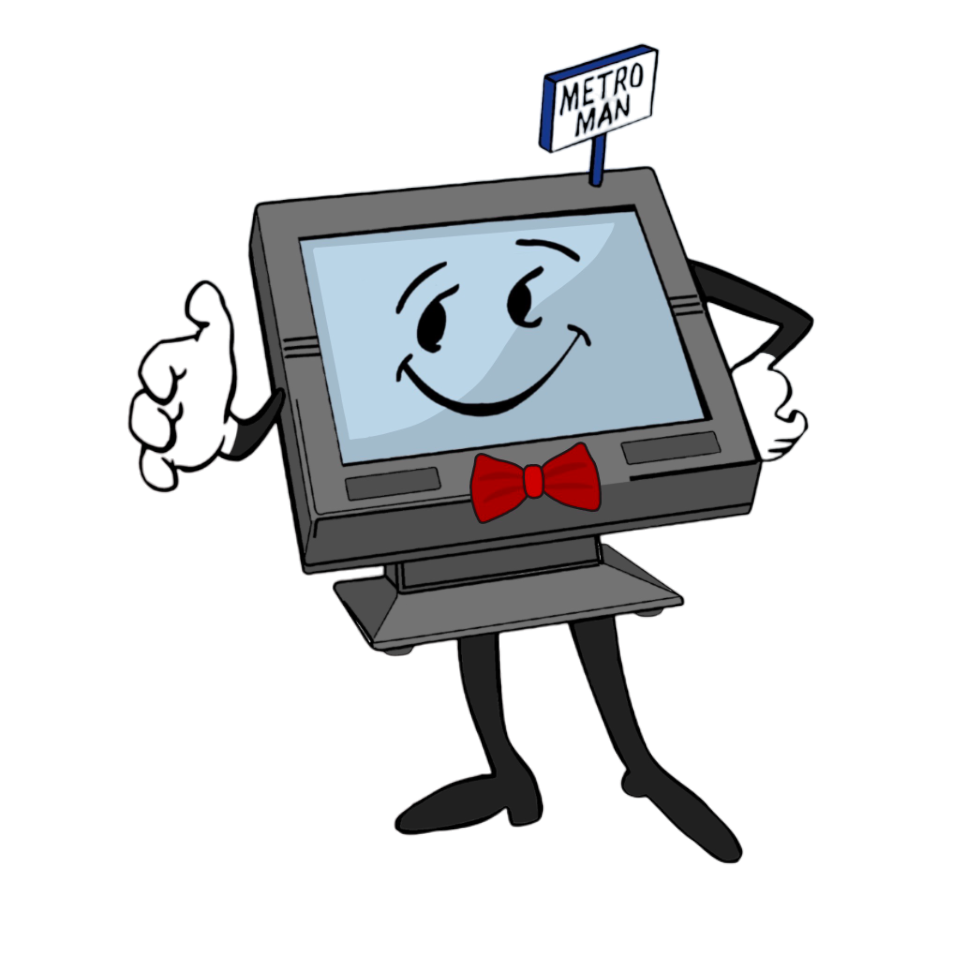 A computer with a bow tie on it's head.