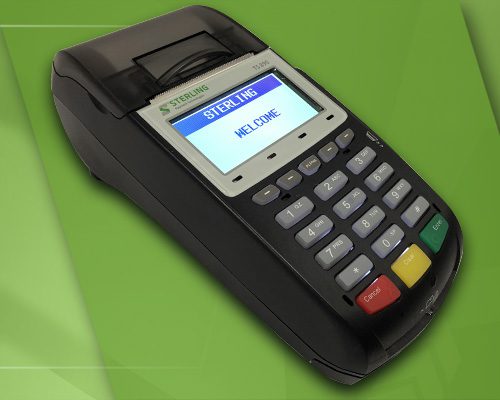A credit card machine is shown on a green background.