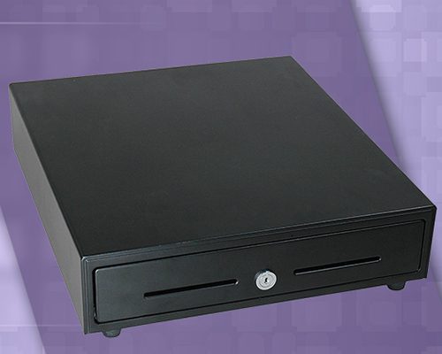 A black cash drawer on top of purple background.