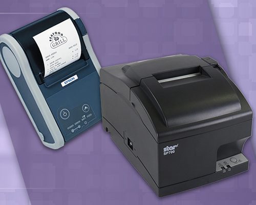 A printer and an electronic device on purple background.