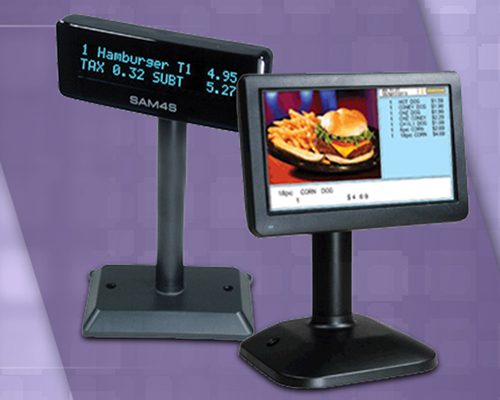 A pair of electronic displays with food on them.