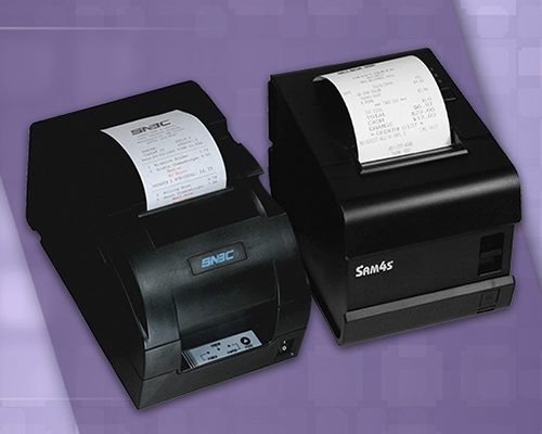 Two black printers one with a receipt and the other with paper.