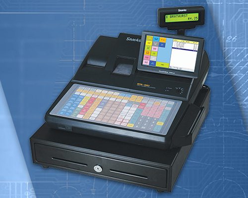 A cash register and a digital display on the counter.
