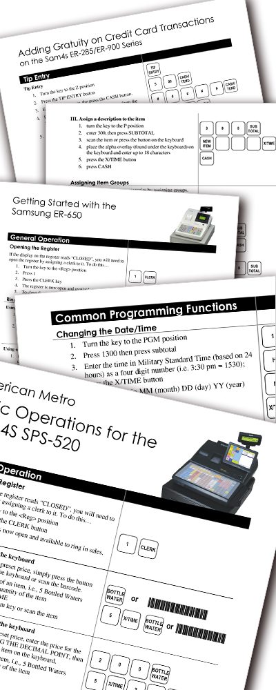 Brochure pages for a time clock system, showing setup instructions and model illustrations, including forms and diagrams.