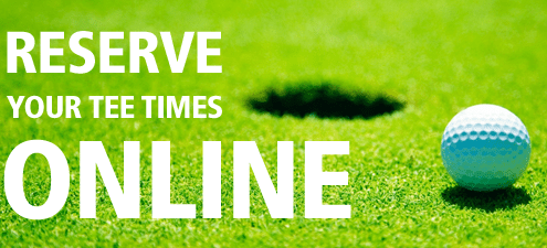 Advertisement showing a golf ball near a hole on a green with text saying "reserve your tee times online".