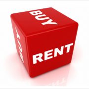 A red cube with the words "buy" on the top and "rent" on three visible sides, indicating a choice between buying and renting, against a white background.