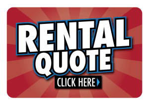 Button graphic with text "rental quote" in bold white letters, "click here" below, on a red and green striped background.