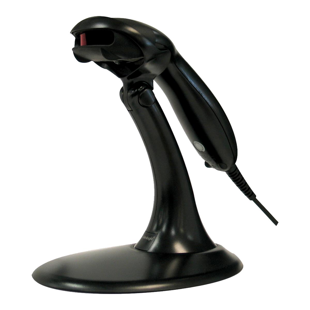 A black handheld barcode scanner in an upright position on a matching stand with a visible cord.