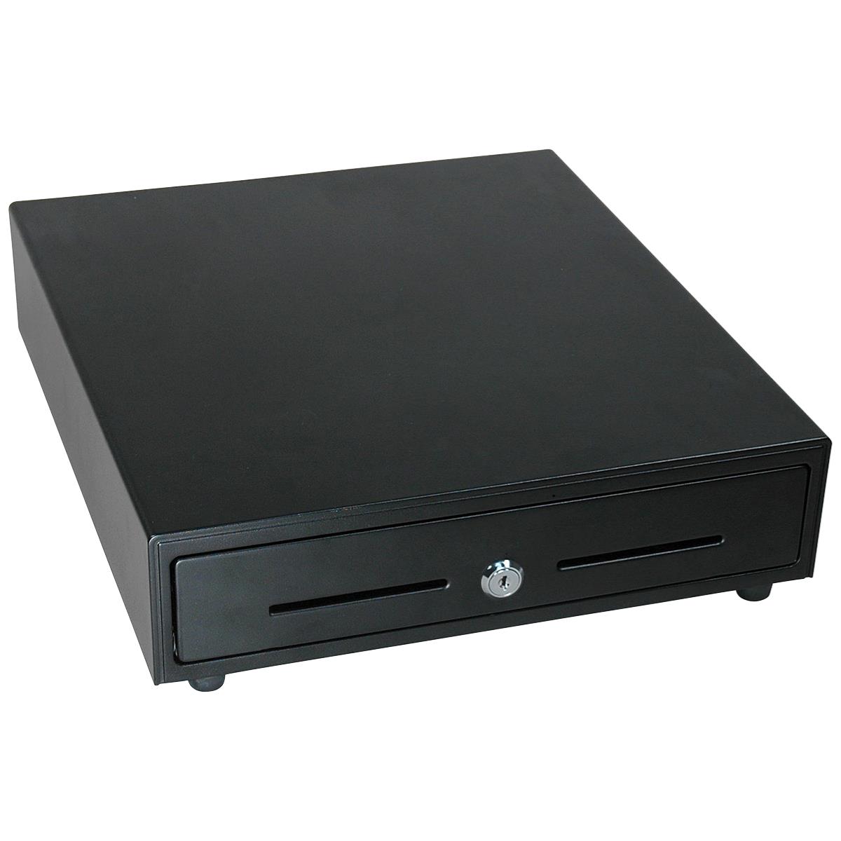 Black metal cash drawer with a single key lock and one slot, isolated on a white background.