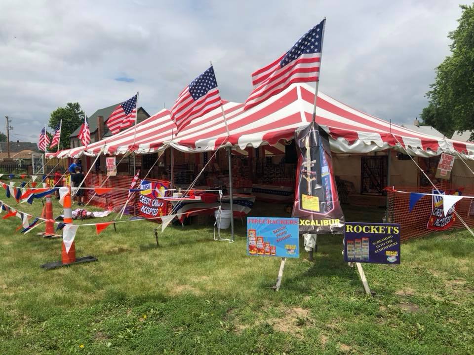 A tent with american flags on it