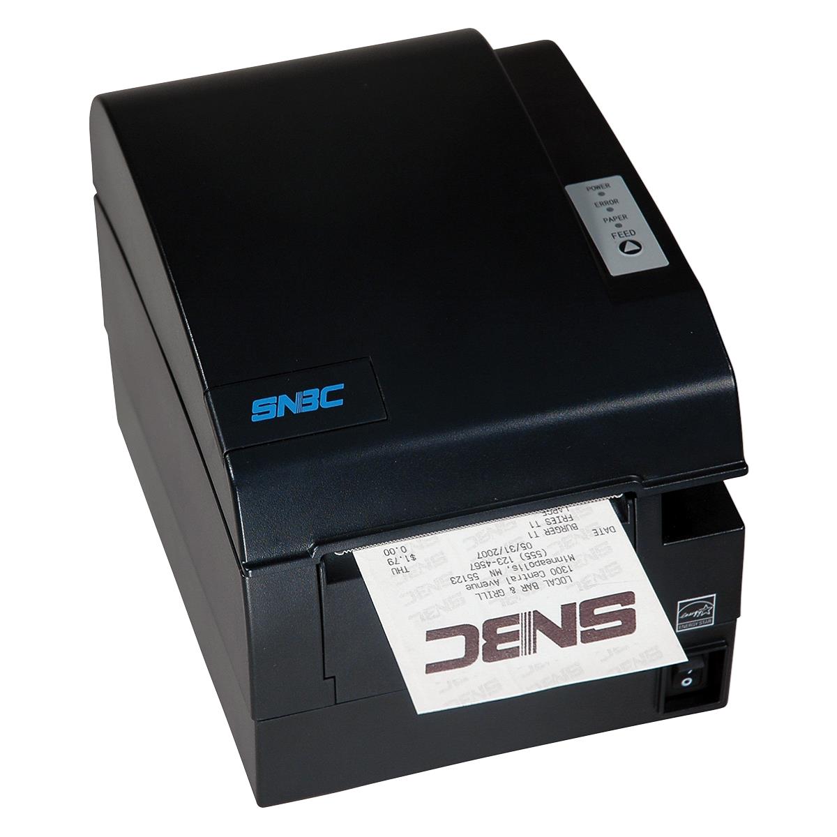 A black snbc thermal receipt printer with a printed receipt emerging from its slot.