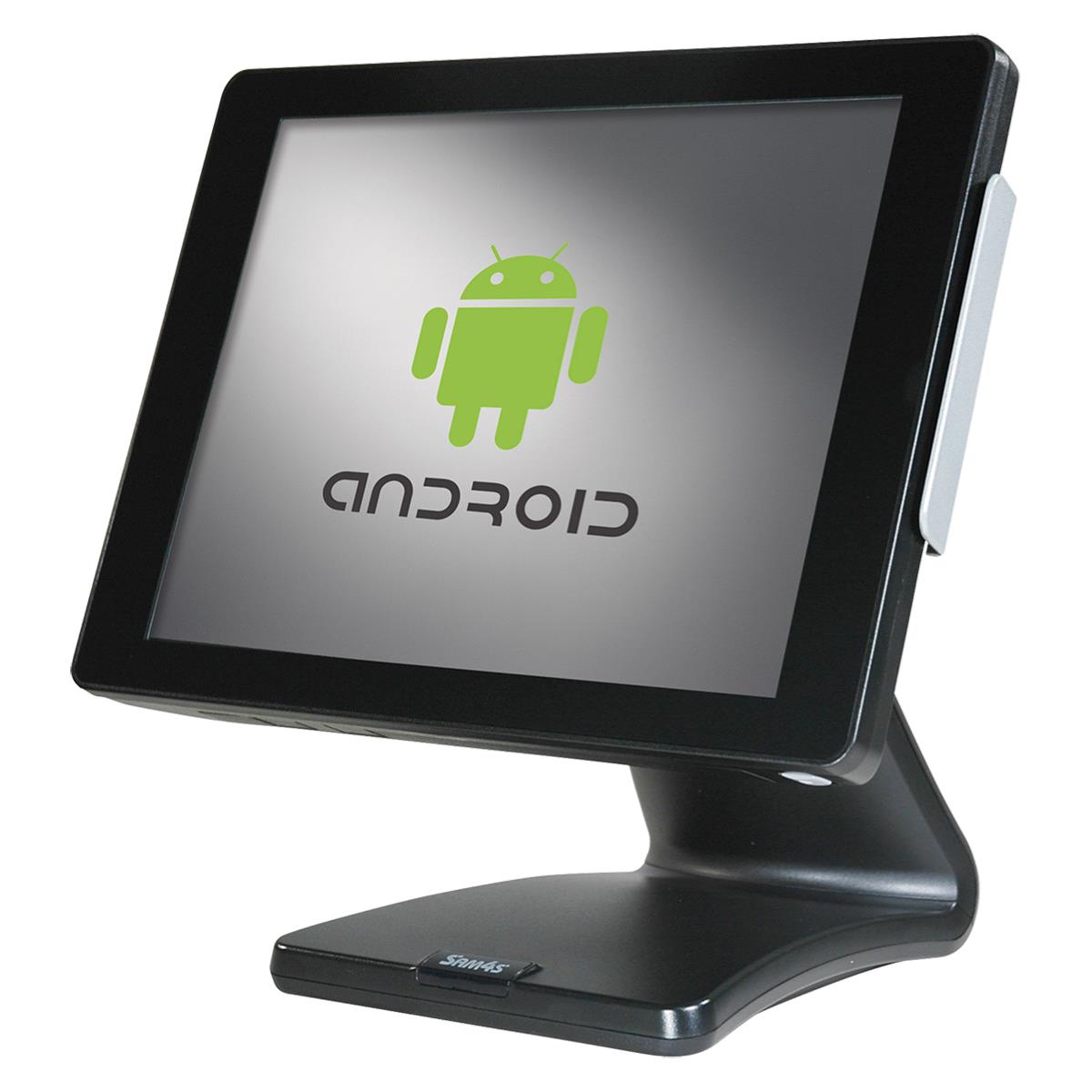 A digital display stand showing the android logo on its screen.