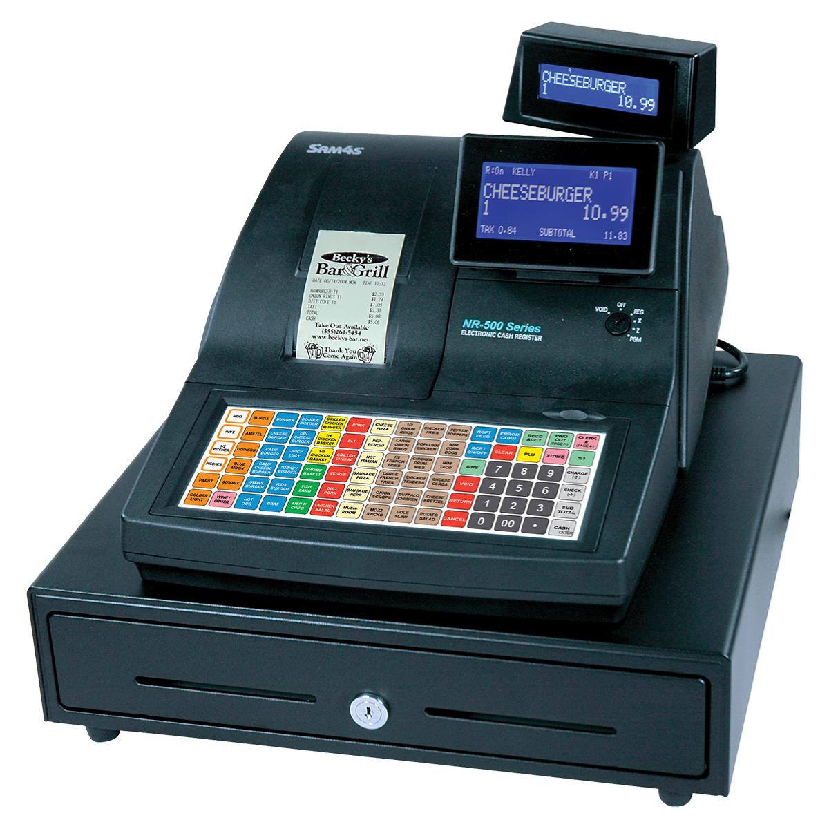 Electronic cash register with a built-in printer and customer display, showing a cheeseburger purchase on the screen.