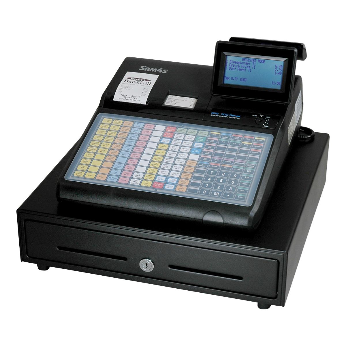 Electronic cash register with a digital display, numeric keypad, and multiple function buttons, mounted on a black drawer.