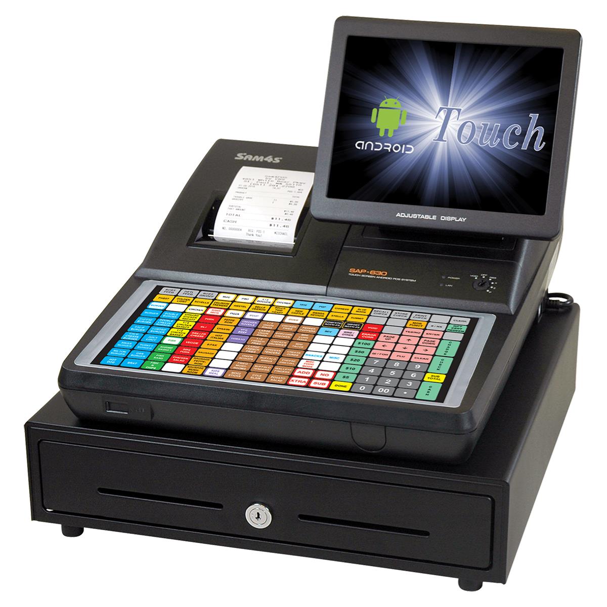 An electronic cash register with a touch screen display and a built-in printer. the screen shows a colorful keypad interface.