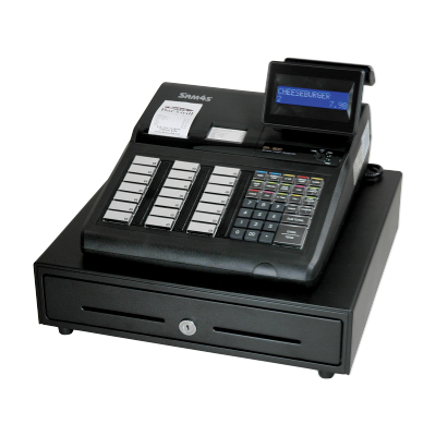 Cash register with keypad and display screen.