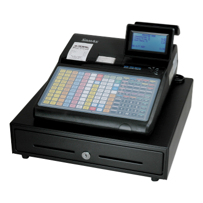 Electronic cash register with keyboard and display.