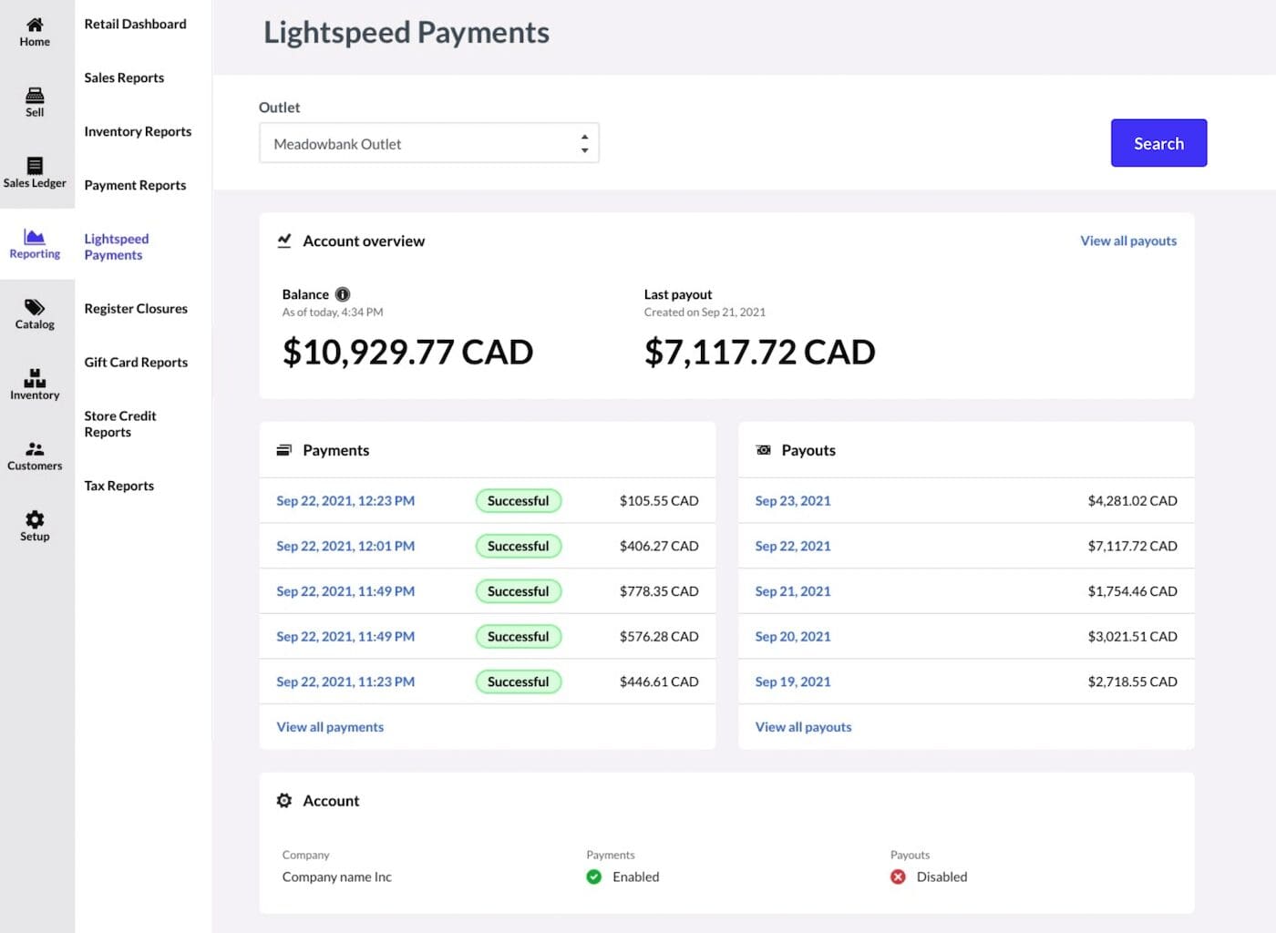 Lightspeed Payments account overview and transactions.