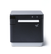 Compact black printer with a front opening.