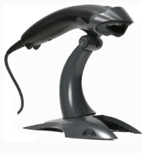 Handheld barcode scanner on a stand.