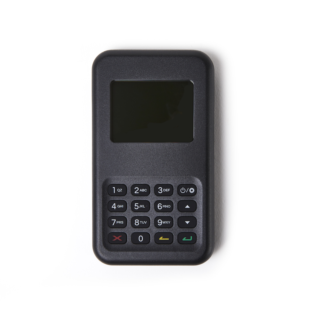 Black handheld device with numeric keypad.