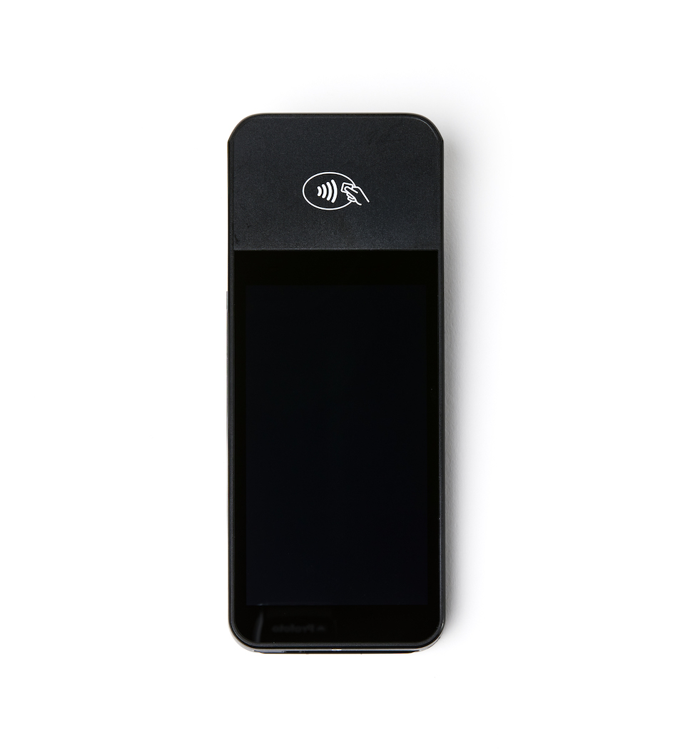 Black contactless payment device on white background.