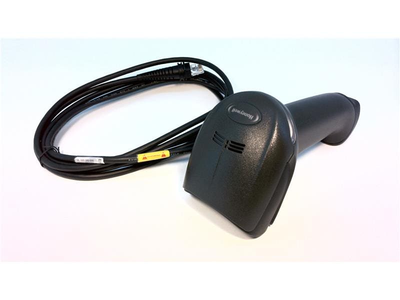 Barcode scanner with attached cable.
