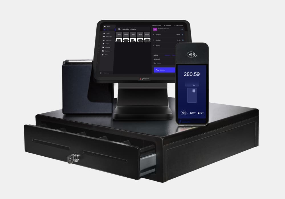 Point of sale system with cash drawer and devices.