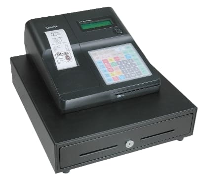 Cash register with keypad and drawer.