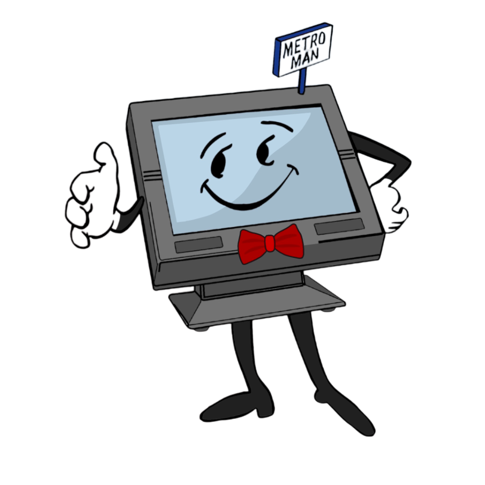 A computer with a bow tie on it's head.