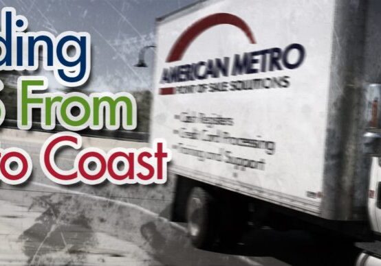 An american metro delivery truck on the highway, with text reading "providing pos from coast to coast" above it.