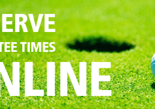 Advertisement showing a golf ball near a hole on a green with text saying "reserve your tee times online".