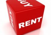 A red cube with the words "buy" on the top and "rent" on three visible sides, indicating a choice between buying and renting, against a white background.
